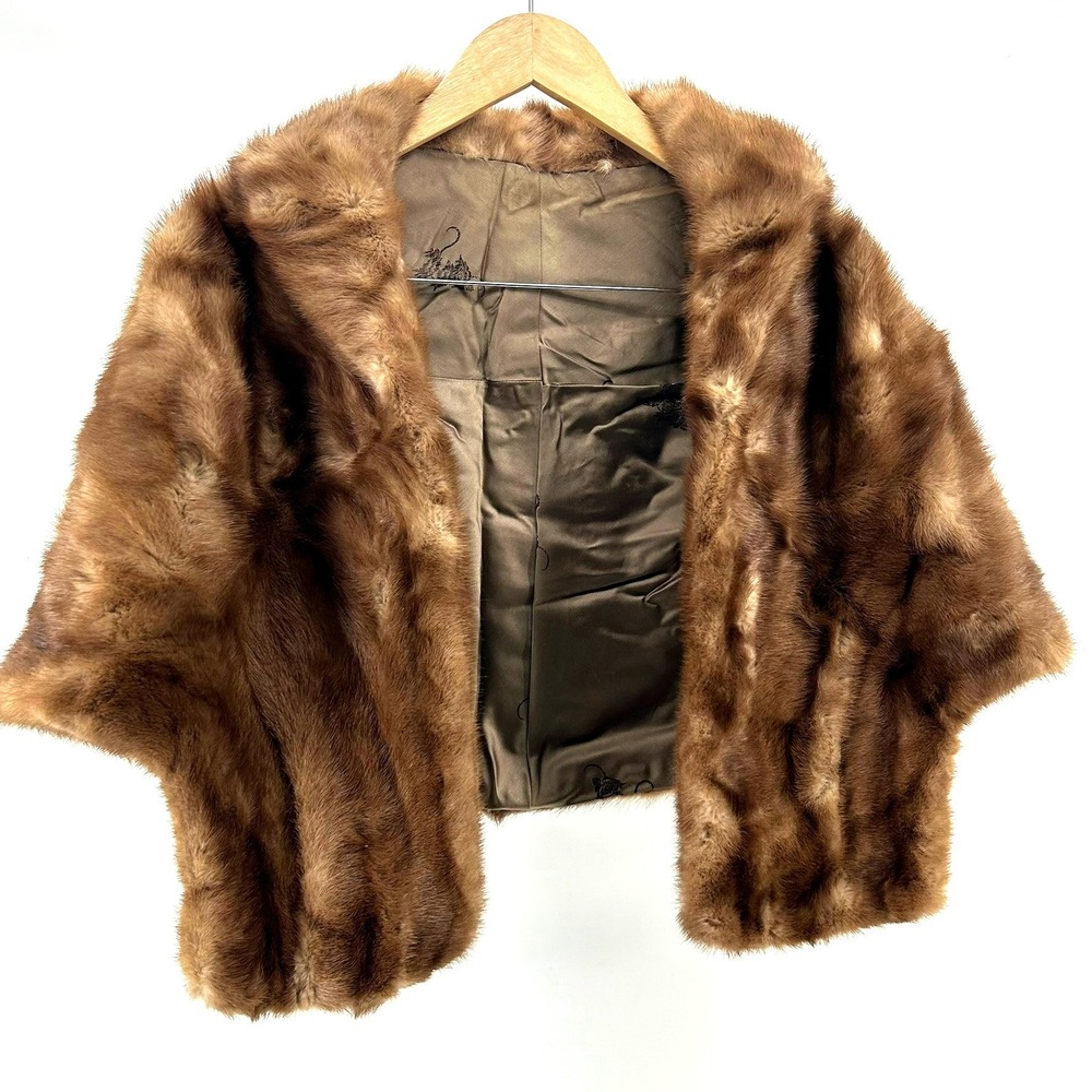 Vintage Brown Real Mink Fur Stole Wrap Shawl Capelet Mid Century Modern Glam